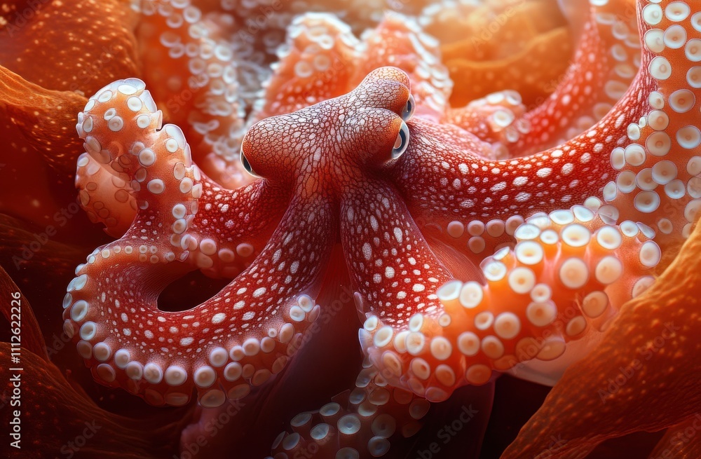 Poster captivating close-up of a vibrant octopus displaying its textured skin and unique color patterns und