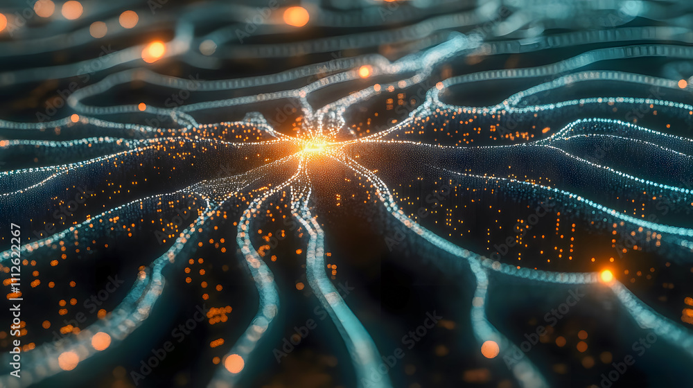 Poster abstract digital network visualization with glowing lines and particles representing data flow and c