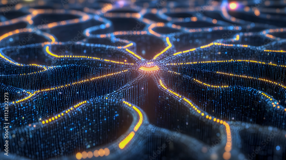 Poster abstract digital network visualization with glowing nodes and blue background in futuristic technolo