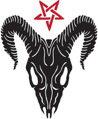 black goat skull with horns with an inverted red star on top of the skull