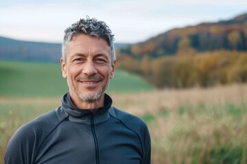 Portrait of a happy man in his 50s showing off a lightweight base layer isolated on quiet countryside landscape