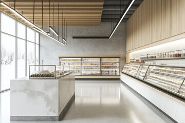 Obraz premium Modern Minimalist Bakery/Deli Interior: Clean, Bright Space with Variety of Food Items and Open Shelves