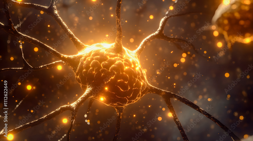Poster vibrant glowing neuron with branching axons in a mysterious abstract background