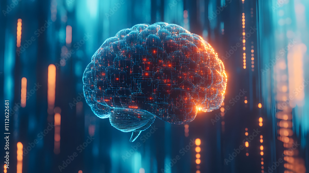 Poster futuristic digital brain design surrounded by glowing data streams and abstract technology elements,