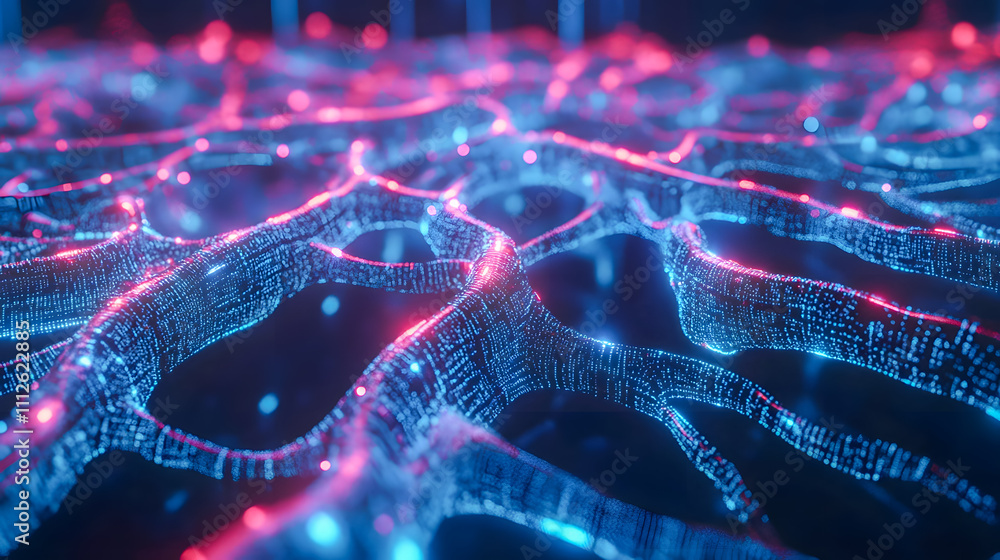 Poster abstract representation of interconnected data structures with glowing nodes in blue and pink colors