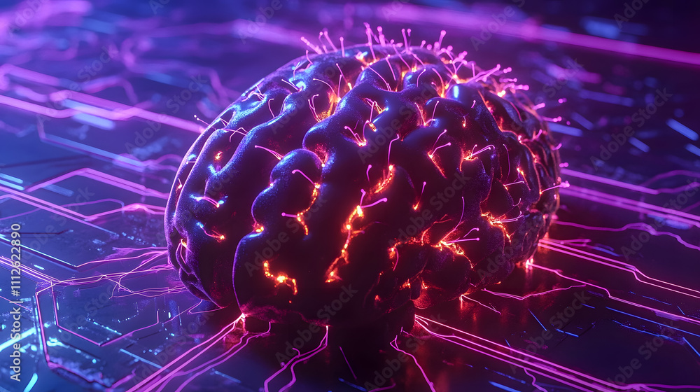 Poster futuristic digital brain with glowing neural connections on a circuit board background for technolog