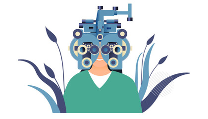 Ophthalmology. Eye Test and Prescription Glasses. Female Perform Eye Test Use Optometry Machine on Abstract Background. Modern Flat Vector Illustration. Social Media Template.