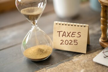 Hourglass with sand running low beside a card labeled "Taxes 2025," illustrating the pressure and urgency of tax deadlines and financial planning.