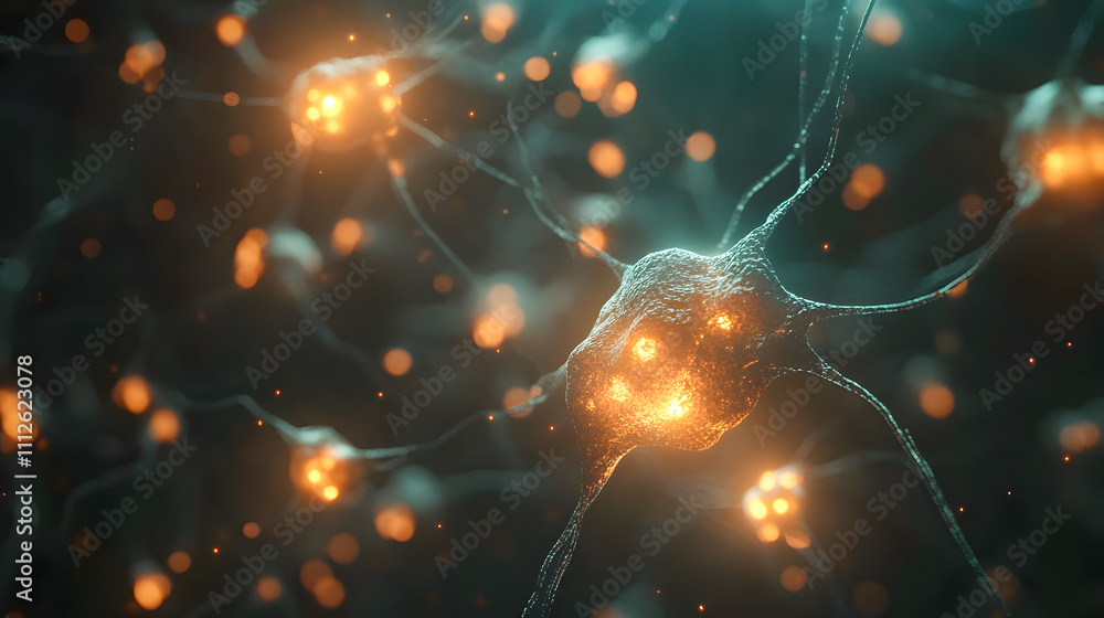 Poster detailed close-up view of glowing neurons in a dark background showcasing complex neural network con