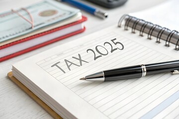 A black pen on an open notebook with "Tax 2025," surrounded by documents and stationery, symbolizing detailed tax recordkeeping and organization.