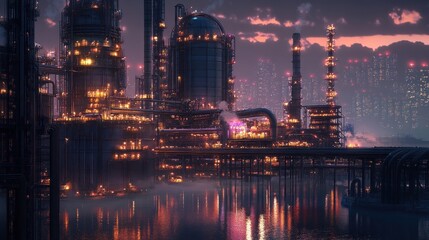 Industrial complex at dusk with glowing lights and reflections.