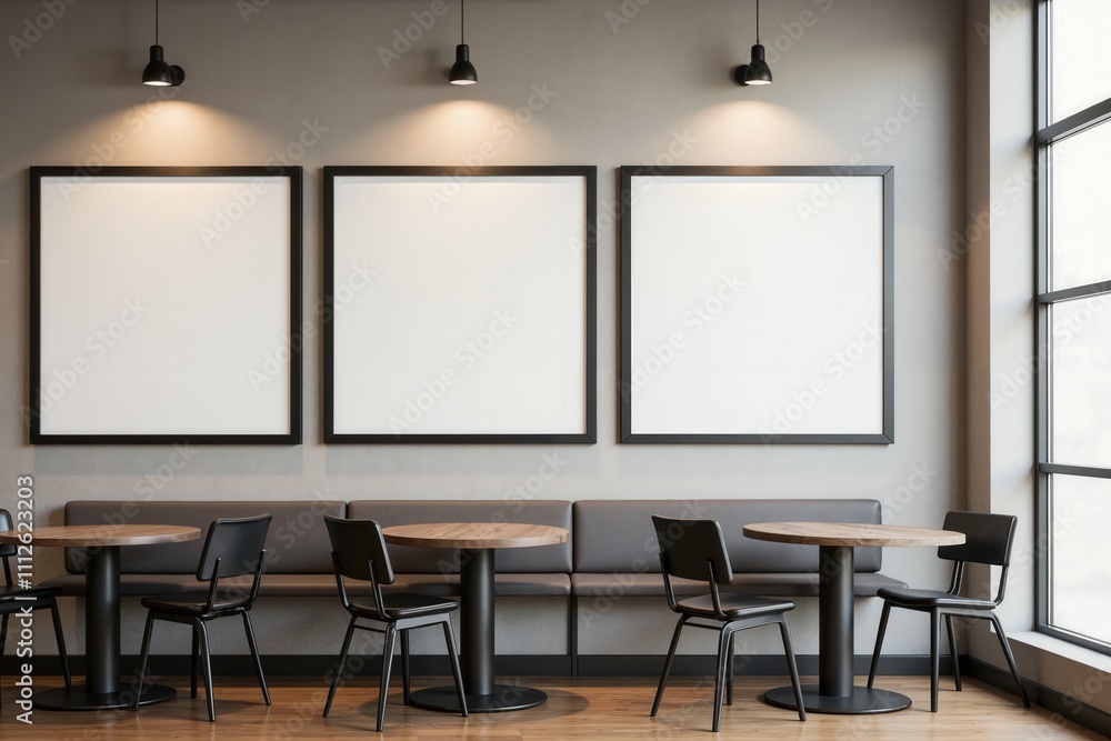 Poster empty cafe interior with minimalist design and large blank canvas frames on wall.