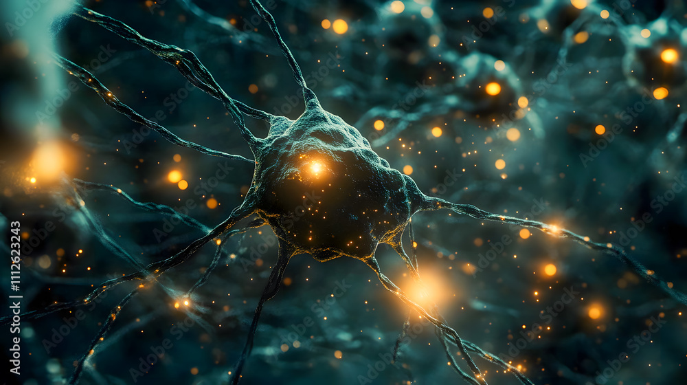 Poster high-resolution close-up of a neuron cell with glowing connections and abstract background in deep b