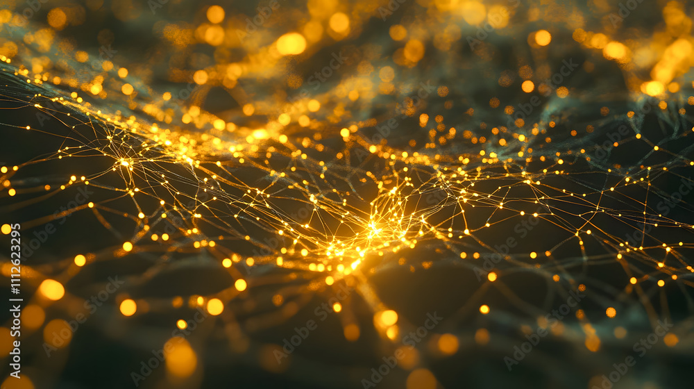 Poster abstract glowing network of wires and nodes with a warm golden tone creating a pulse of light and ac