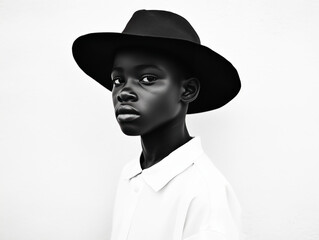 A young black boy stands confidently against a stark white backdrop, wearing a large black hat and a white shirt, exuding a serious and contemplative demeanor that draws attention. Generative AI