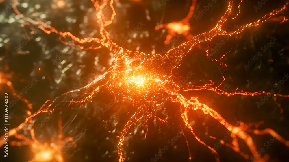 Poster abstract representation of glowing neural connections in vibrant orange hues showcasing intricate pa