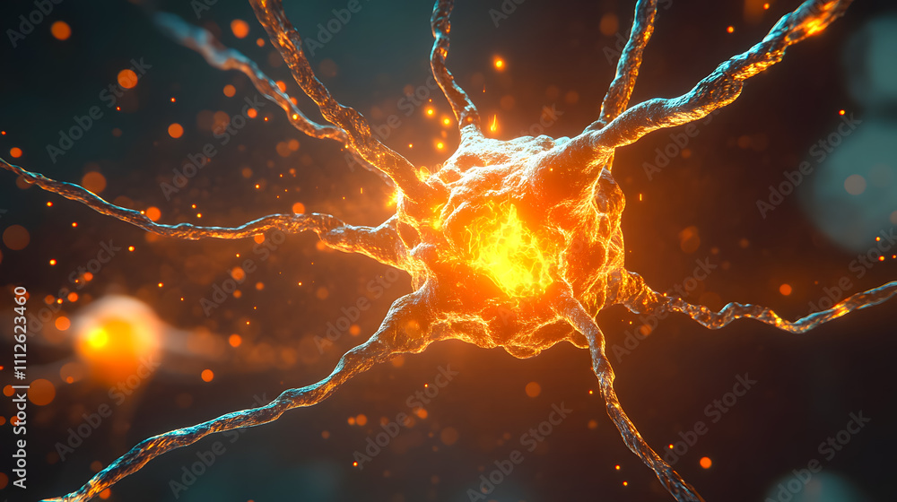 Poster detailed close-up of a glowing neuron with radiating dendrites and vibrant particles in a digital ab