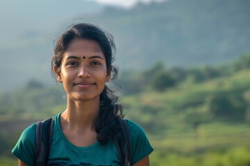 Portrait of a tender indian woman in her 20s sporting a technical climbing shirt isolated in quiet countryside landscape