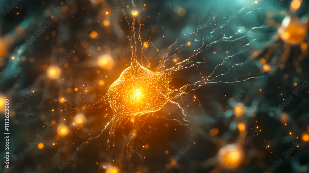 Poster intricate details of neuron with glowing connections and light particles in a stunning abstract repr