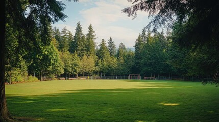 Fototapeta premium A lush green football field at a local park, framed by tall trees and a distant playground
