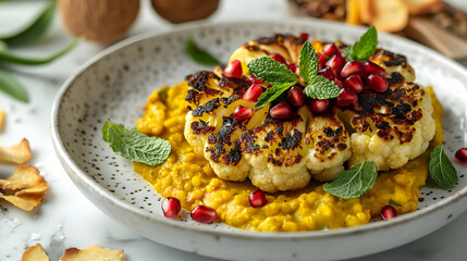 Tandoori Spiced Cauliflower Steak with Mint Chutney and Dal, Indian Main Course Photography