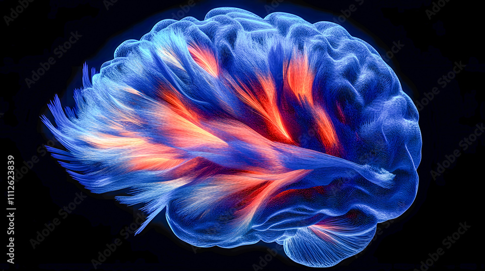 Poster artistic representation of a colorful brain highlighting neuroactivity and connectivity in a surreal