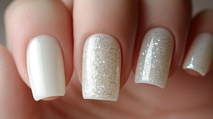 Obraz premium A minimalist glitter design featuring a single glitter accent nail on an otherwise glossy white manicure