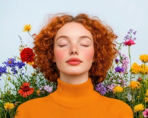 Naklejka premium Freckled woman in a field of wildflowers, natural beauty, pure and organic vibe