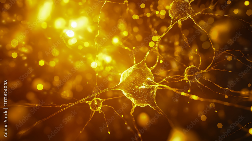 Poster stunning microscopic view of golden neurons and synapses glowing with light representing brain activ