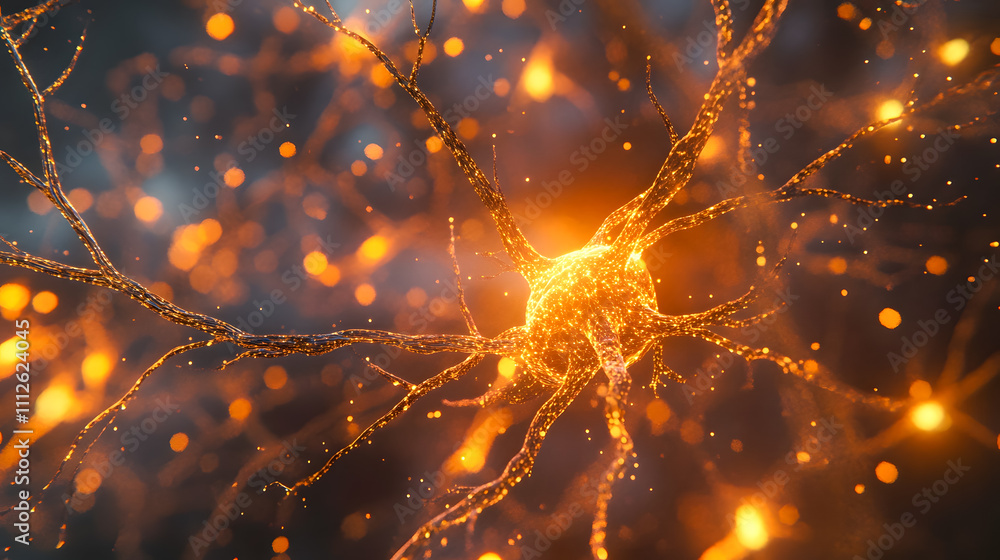 Poster glowing neurons in a dark background, abstract representation of neural connections and brain activi