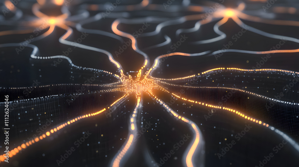 Poster abstract representation of glowing data network with glowing lines and bright dots illustrating inte