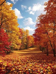 A dense forest with fallen leaves of various colors against a blue sky, woodland background, nature scenery, fall colors