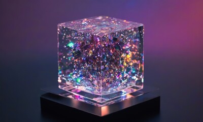 Prismatic Cube: A captivating glass cube, filled with iridescent, swirling particles, glows with a mesmerizing array of colors on a sleek, black base, evoking a sense of wonder and mystery. 