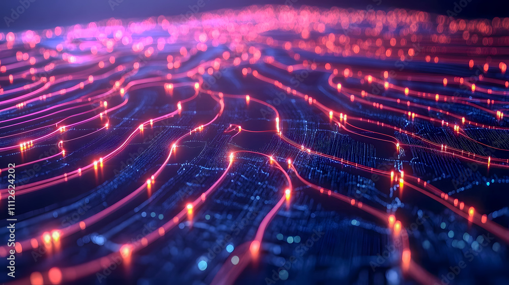 Aufkleber vibrant abstract digital data flow with glowing lines and dots in a futuristic high-tech landscape