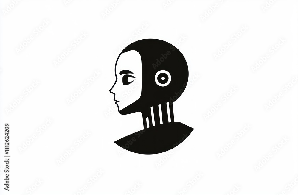 Poster here's a possible and keyword list for the image.. monochrome robotic child profile.