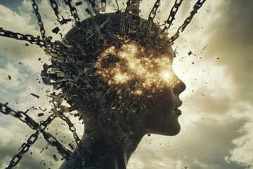 Dynamic explosion within a metallic chained head.