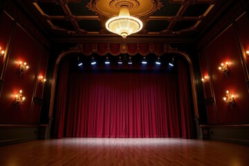 Elegant theater stage with red curtain and vintage chandelier lighting in classic auditorium.