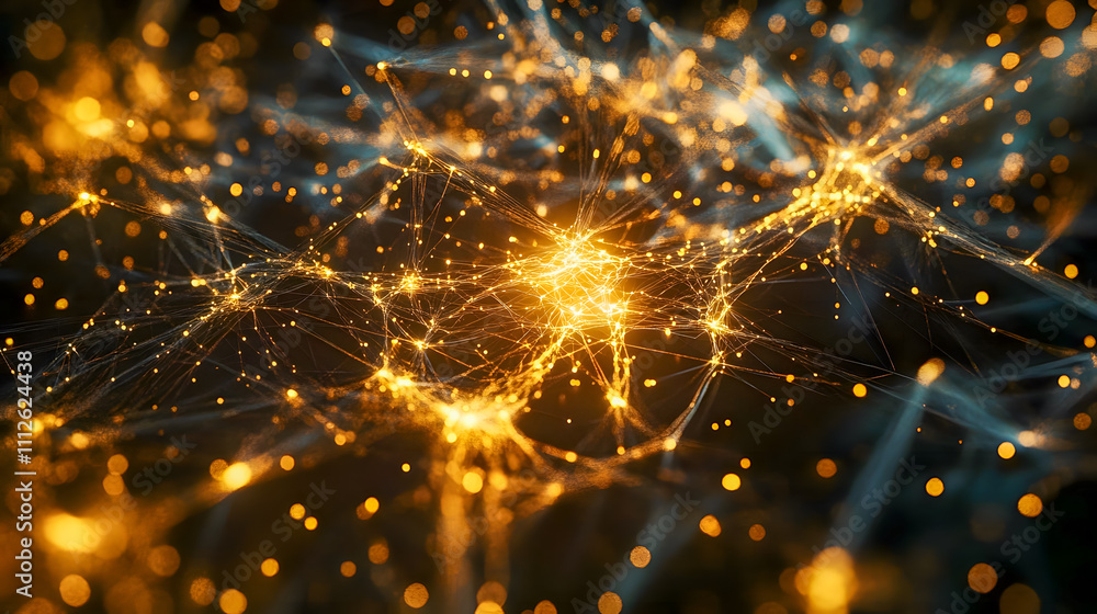 Poster abstract glowing network structure with bright golden nodes and intricate connections on dark backgr