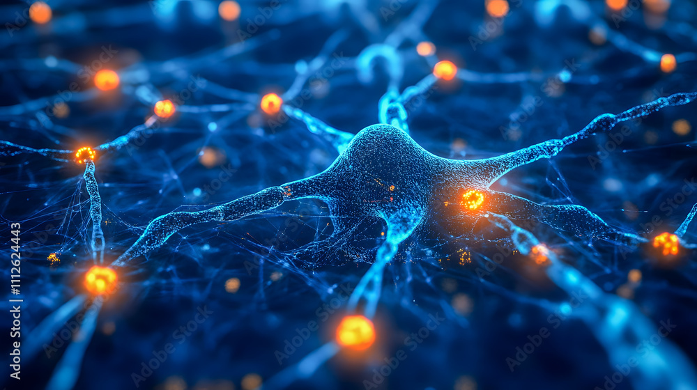 Poster detailed close-up view of neurons with glowing synapses in a high-tech network environment for scien