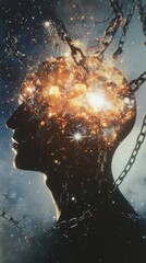 Head silhouette with cosmic explosion and chains art
