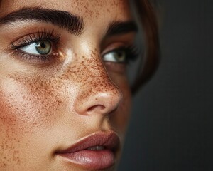 Naklejka premium Freckled woman with clear skin in soft lighting, natural beauty, pure and delicate details