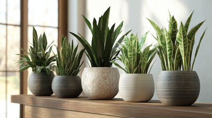 Obraz premium Row of stylish potted plants on a wooden shelf near a large window, featuring natural sunlight, modern home decor, indoor gardening, and perfect for office or therapy room interiors