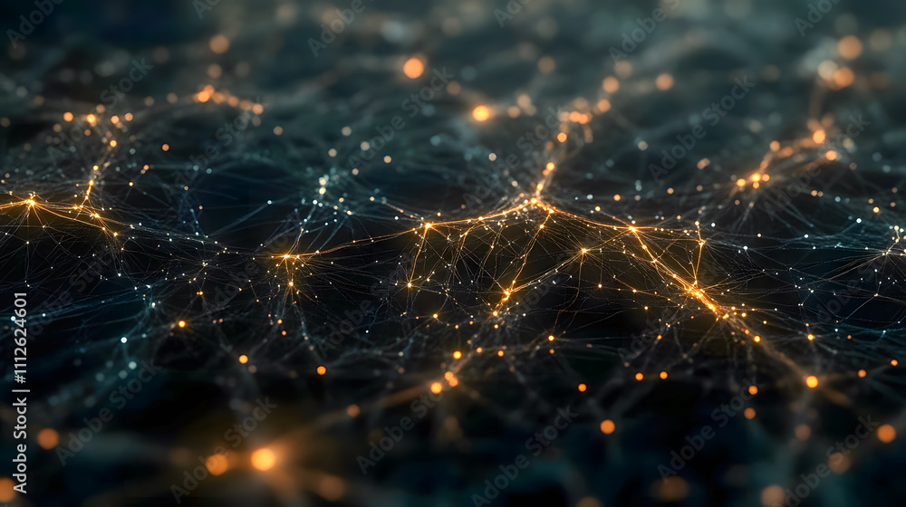 Poster abstract representation of interconnected nodes and glowing lights forming a digital network in deep