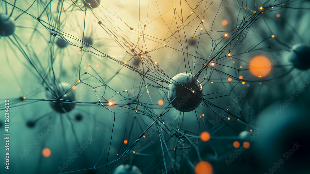 Poster abstract representation of interconnected particles with vibrant light effects showcasing molecular 