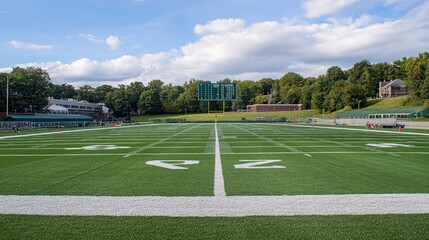 A pristine football field with freshly painted yard lines and a scoreboard displaying zeroes