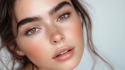 Obraz premium Beautiful Woman Face Freckles Makeup Skincare Cosmetics Portrait