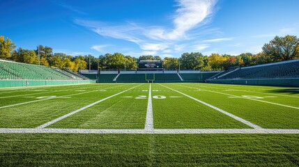 A professional stadium football field seen from the stands, with vivid green turf and empty seating