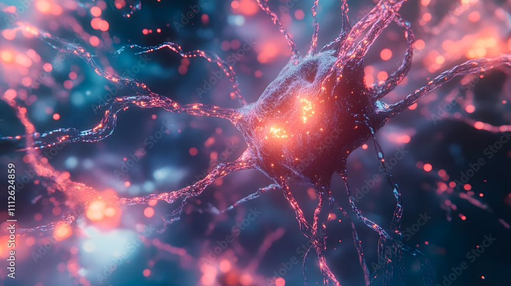 Poster abstract representation of a neuron with glowing synapses demonstrating connections and signaling in