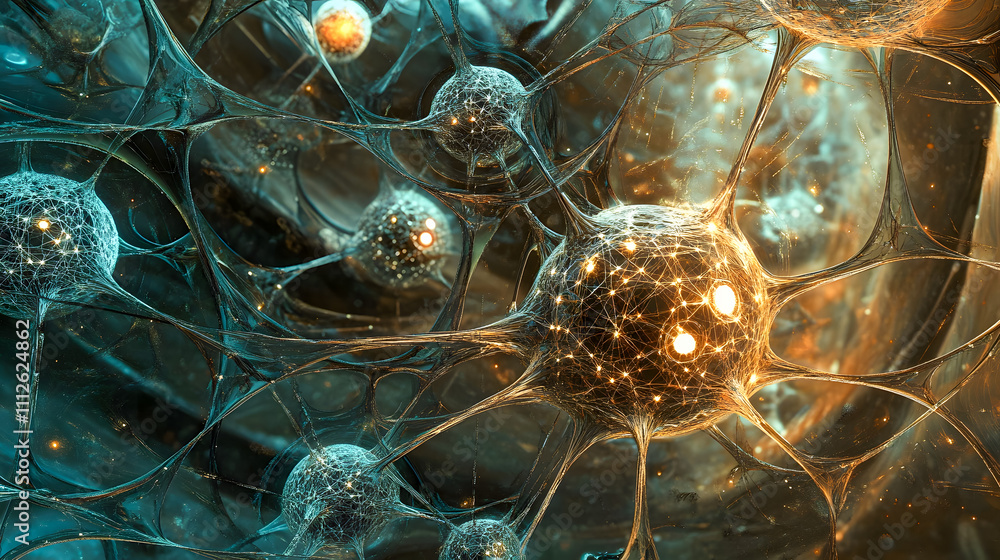 Poster intricate network of glowing neurons with delicate connections in a dynamic abstract background