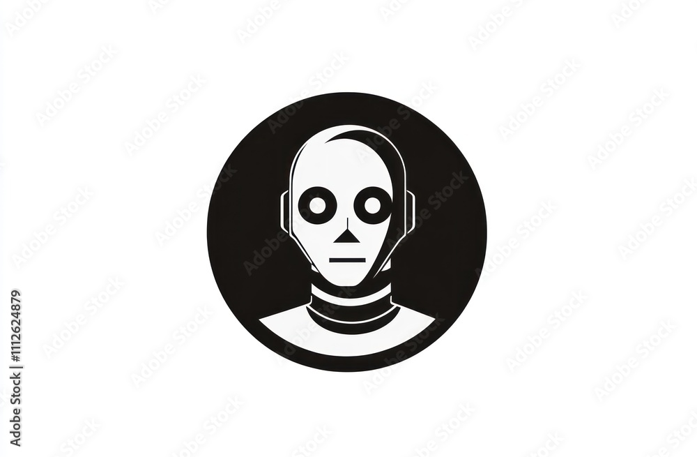 Poster here's a description and keywords for your image.. monochrome robot head icon in a circle.